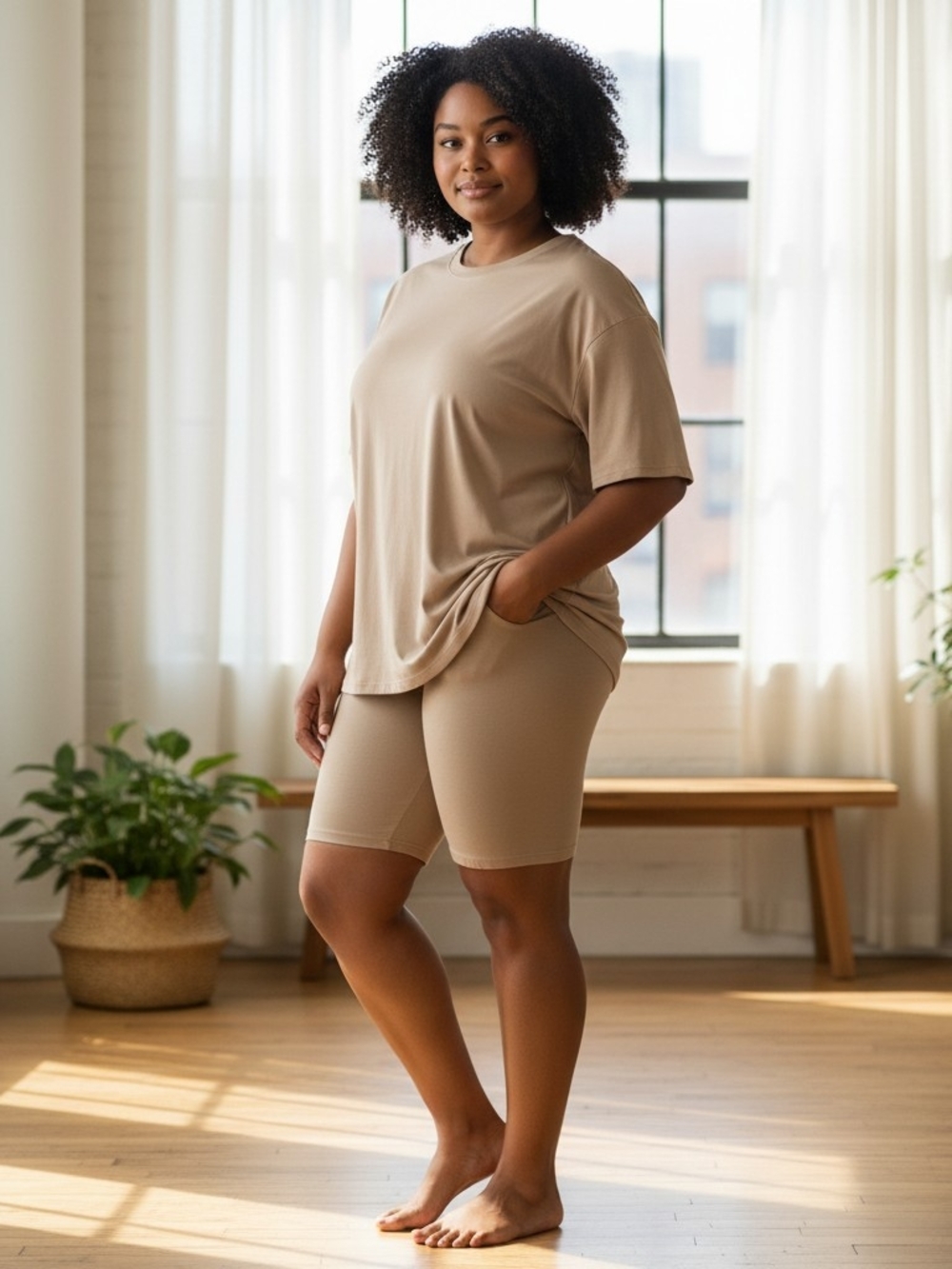 Fashion Nova Beige Crewneck Tee And Biker Set
